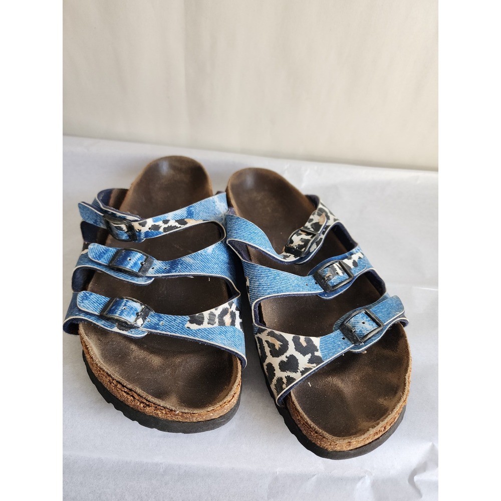 Papillio by Birkenstock Florida Sandals Denim Leopard Print 3-Strap Slides 39